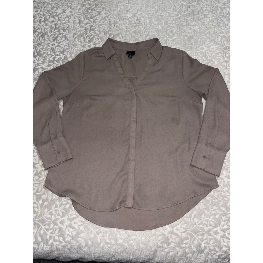 Worthington Womens Long Sleeve V-Neck Button Front Blouse Taupe Mauve Large (F31